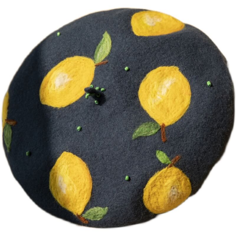 Handcrafted lemon wool felt beret, style by0148.