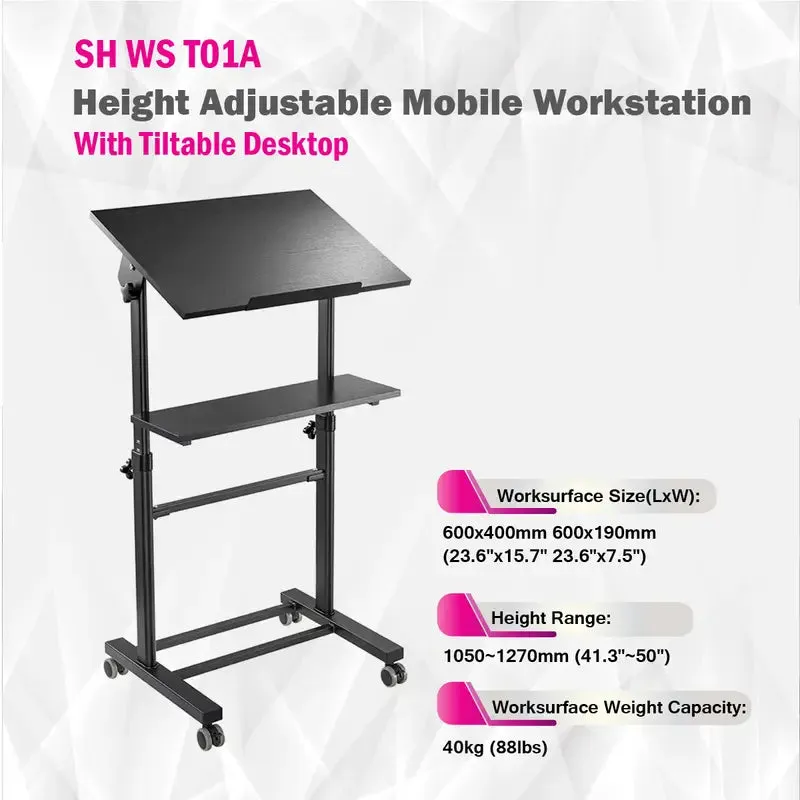 Height Adjustable Mobile Workstation With Tiltable Desktop Mount