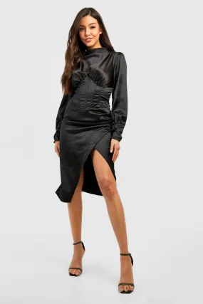 High Neck Midi Dress with Satin Corset Detail