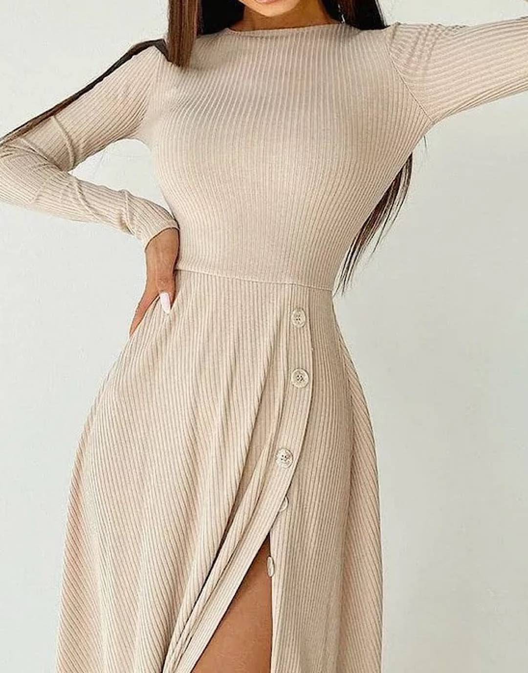 High Slit Ribbed Knit Dress