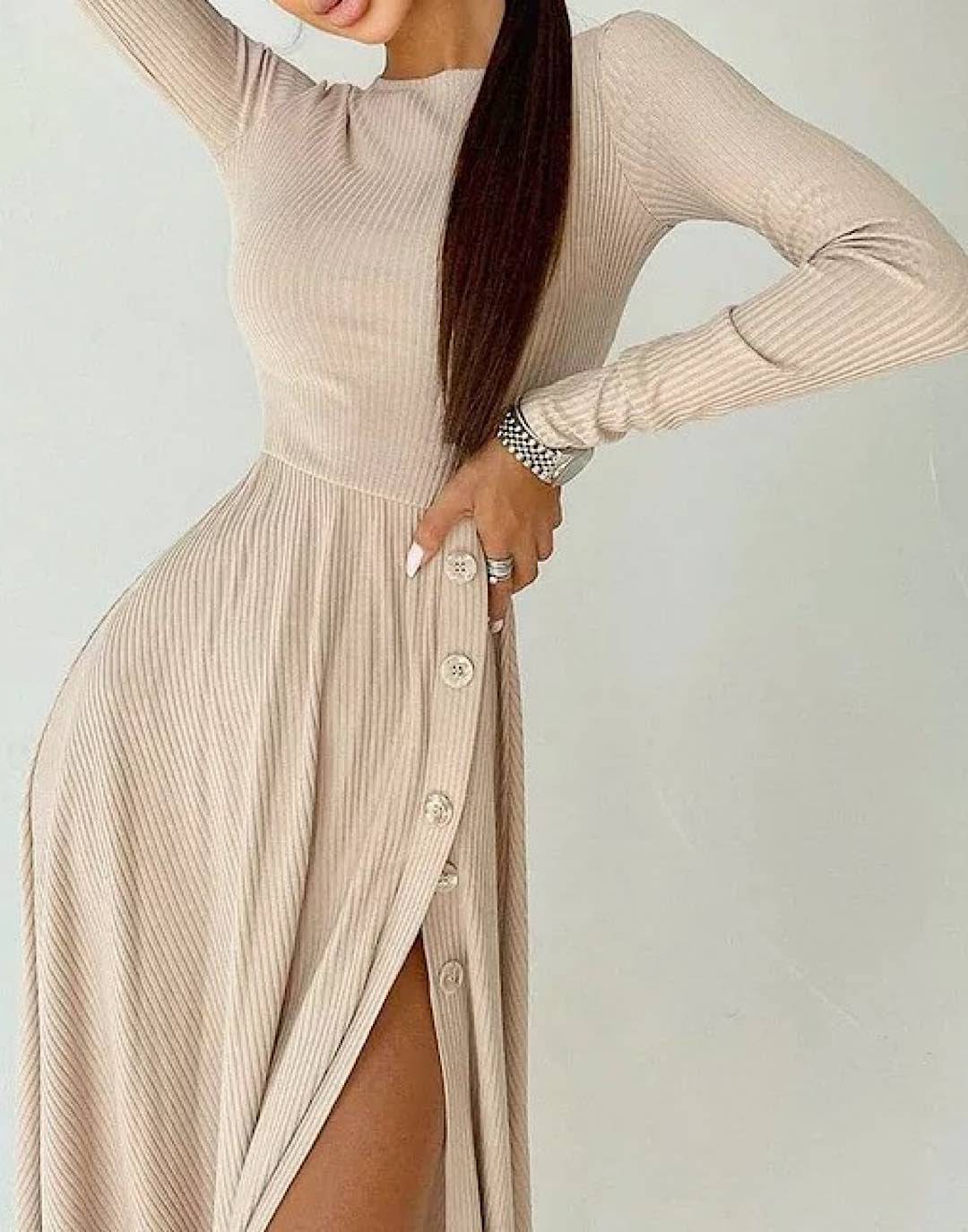 High Slit Ribbed Knit Dress