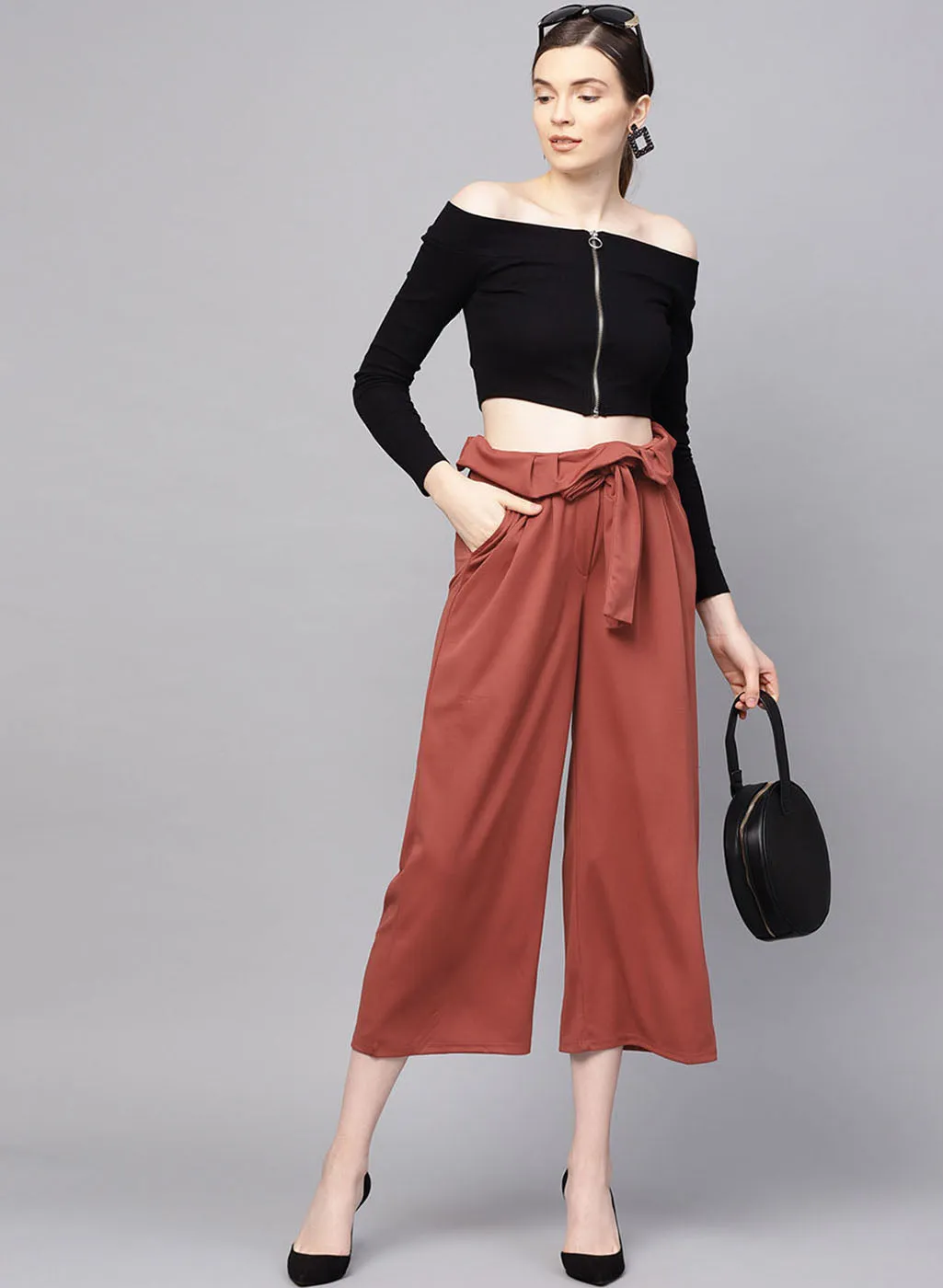 High-waisted Paper Bag Style Culotte Pants with Belt