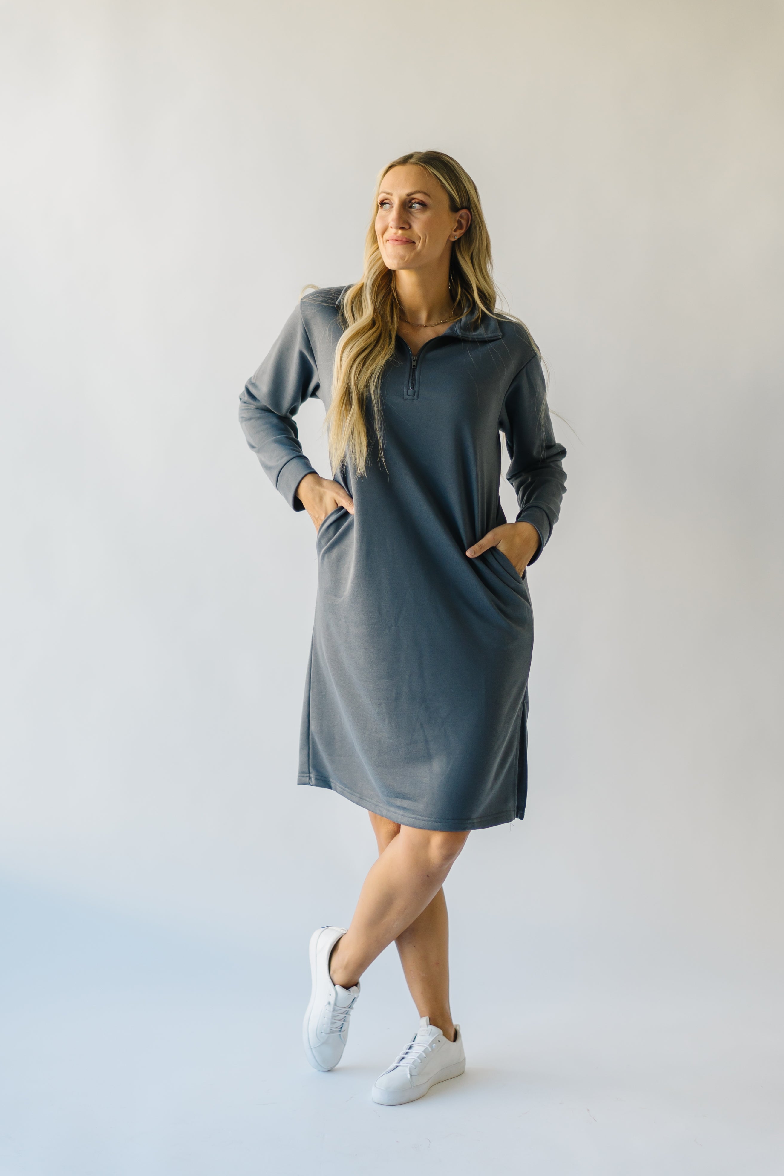 Iona Charcoal Half Zip Mock Neck Midi Dress