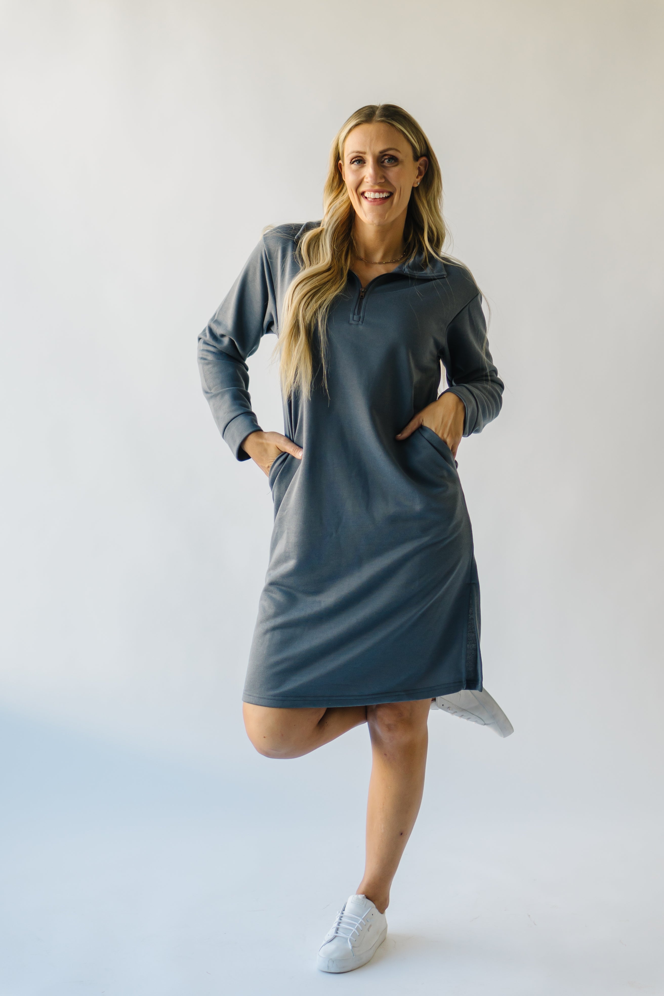 Iona Charcoal Half Zip Mock Neck Midi Dress