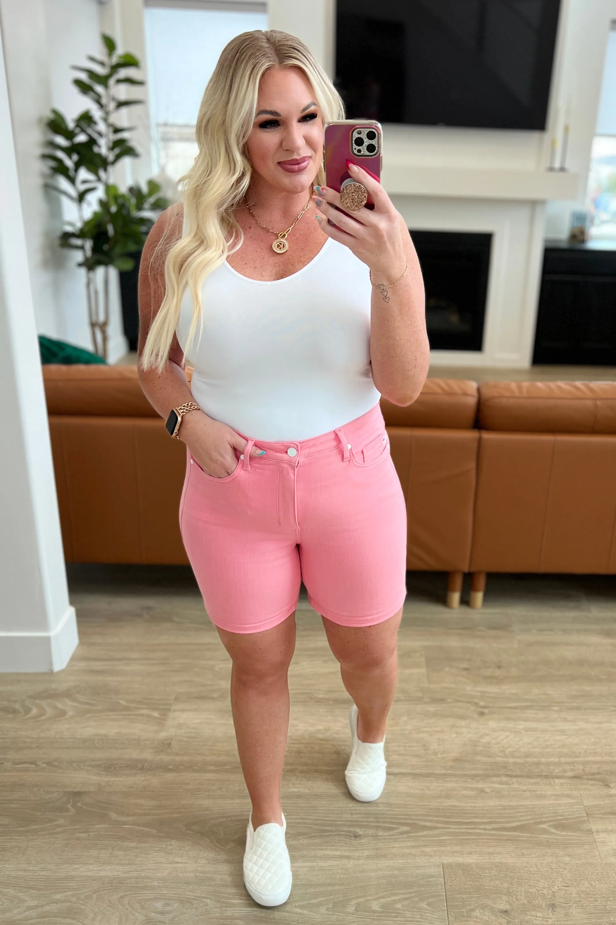 Jenna Pink High Rise Shorts with Control Top and Cuffs