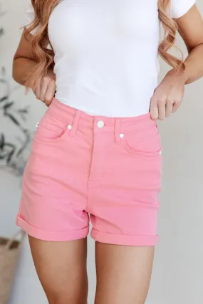 Jenna Pink High Rise Shorts with Control Top and Cuffs