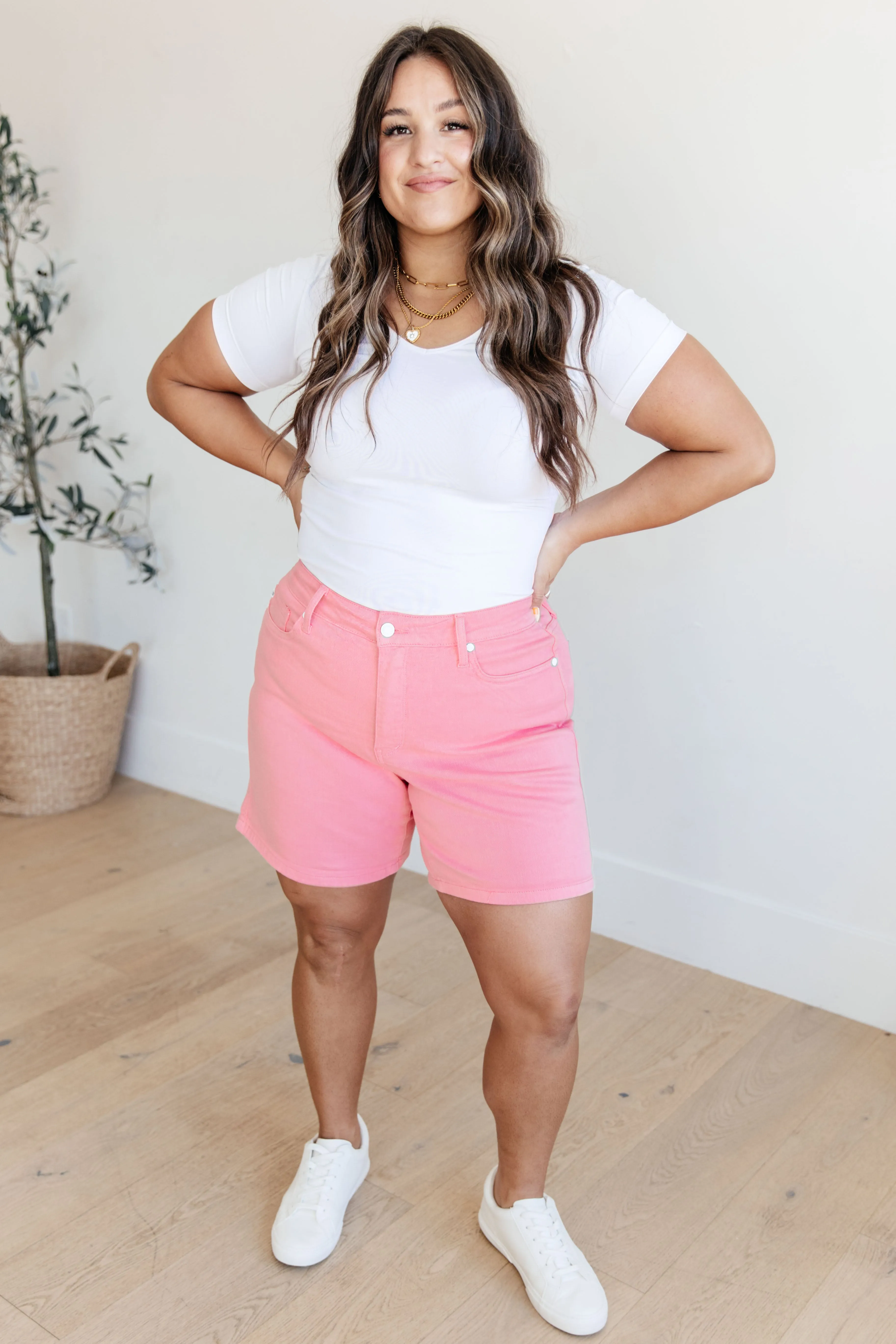 Jenna Pink High Rise Shorts with Control Top and Cuffs