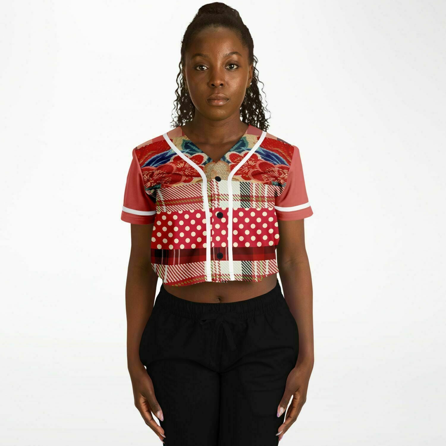 Jersey Floral Plaid Patchwork Cropped Button Front Top