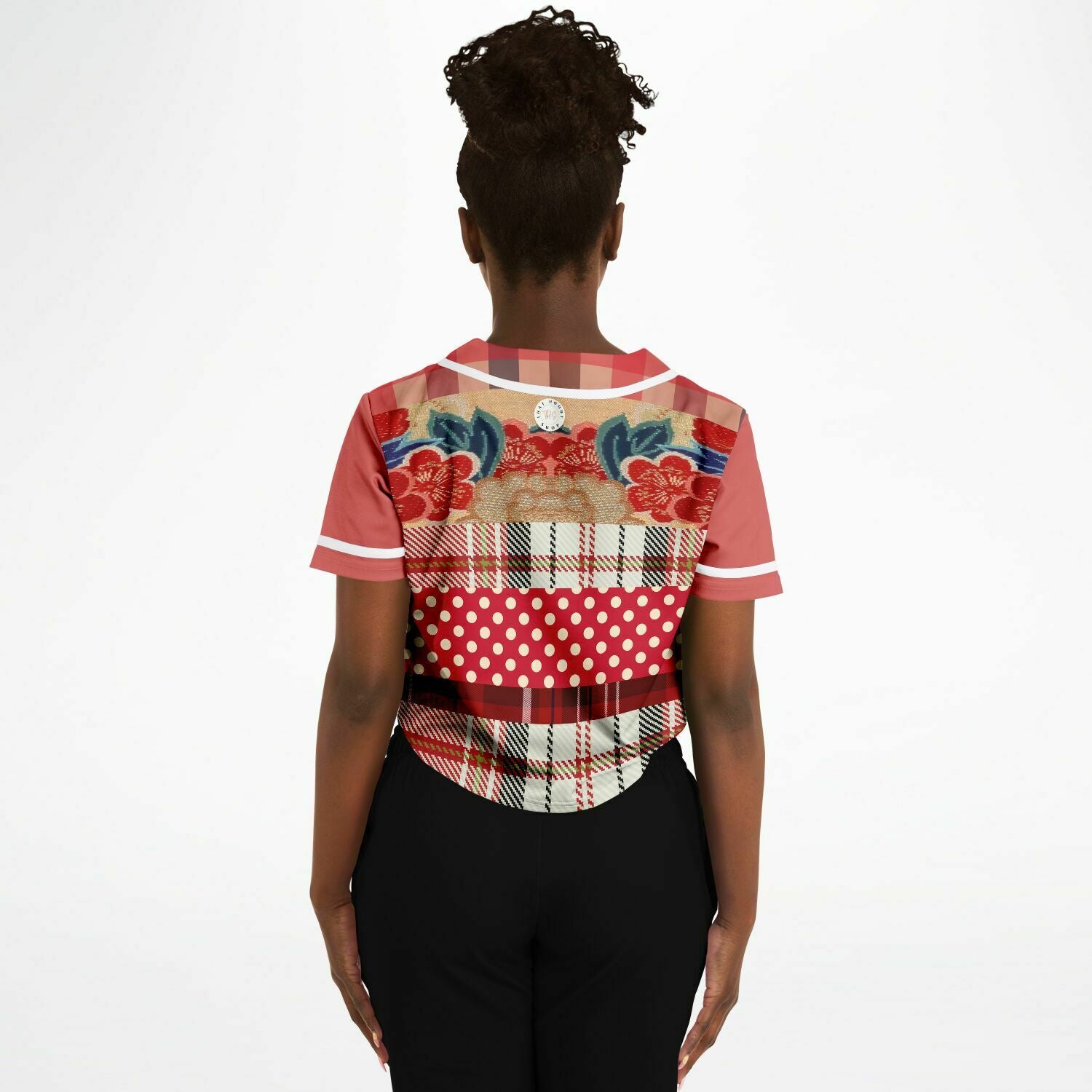 Jersey Floral Plaid Patchwork Cropped Button Front Top