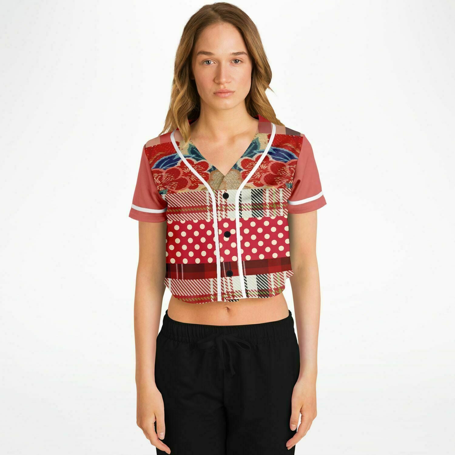 Jersey Floral Plaid Patchwork Cropped Button Front Top