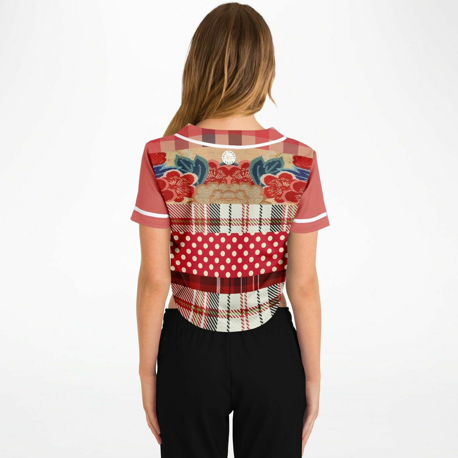 Jersey Floral Plaid Patchwork Cropped Button Front Top