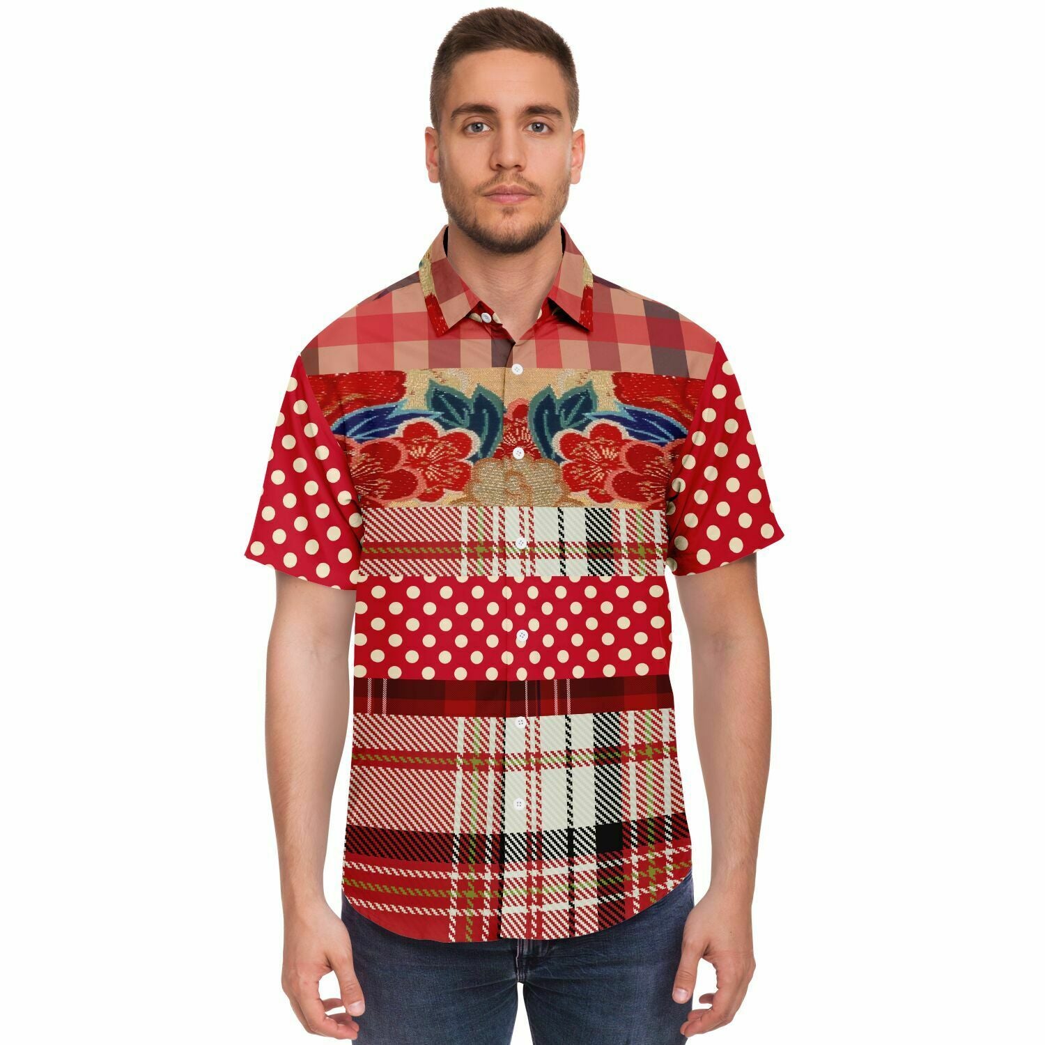 Jersey Salsa Plaid Patchwork Men's Button Down Shirt