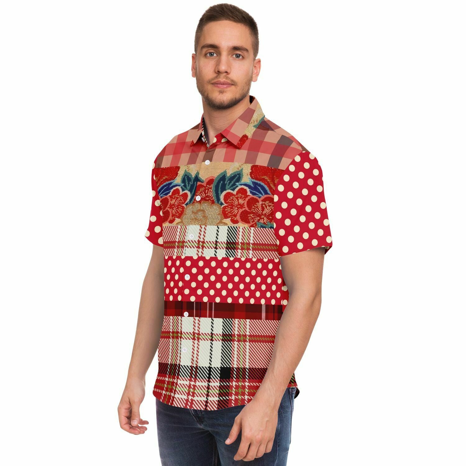 Jersey Salsa Plaid Patchwork Men's Button Down Shirt