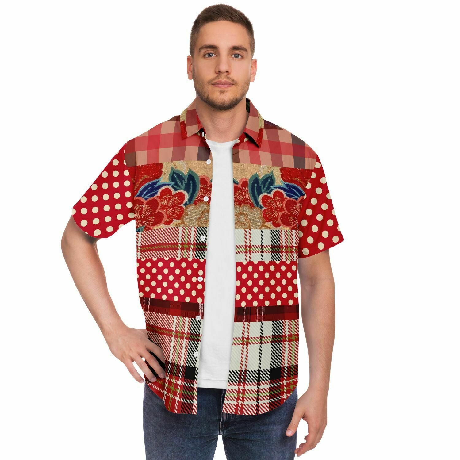 Jersey Salsa Plaid Patchwork Men's Button Down Shirt