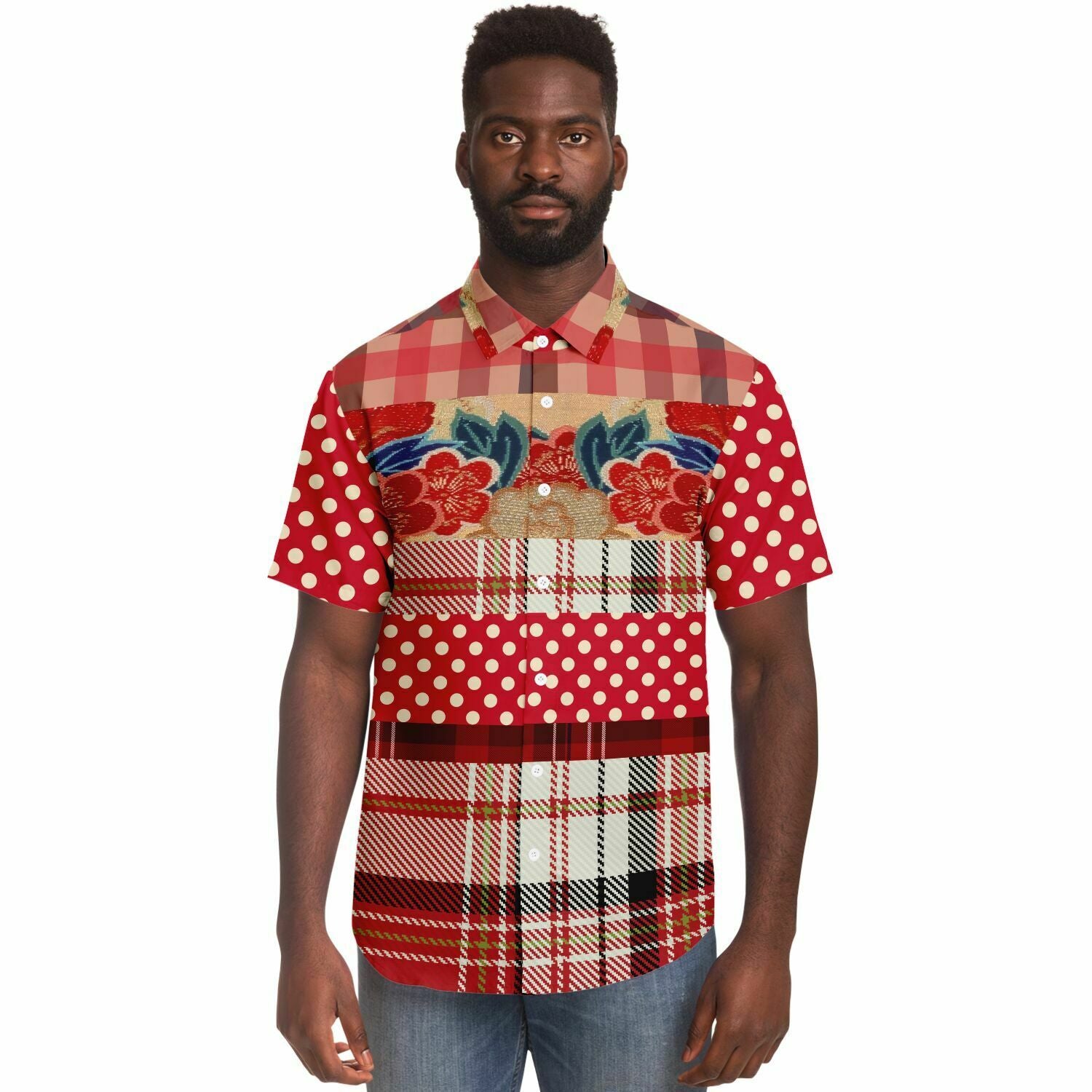 Jersey Salsa Plaid Patchwork Men's Button Down Shirt