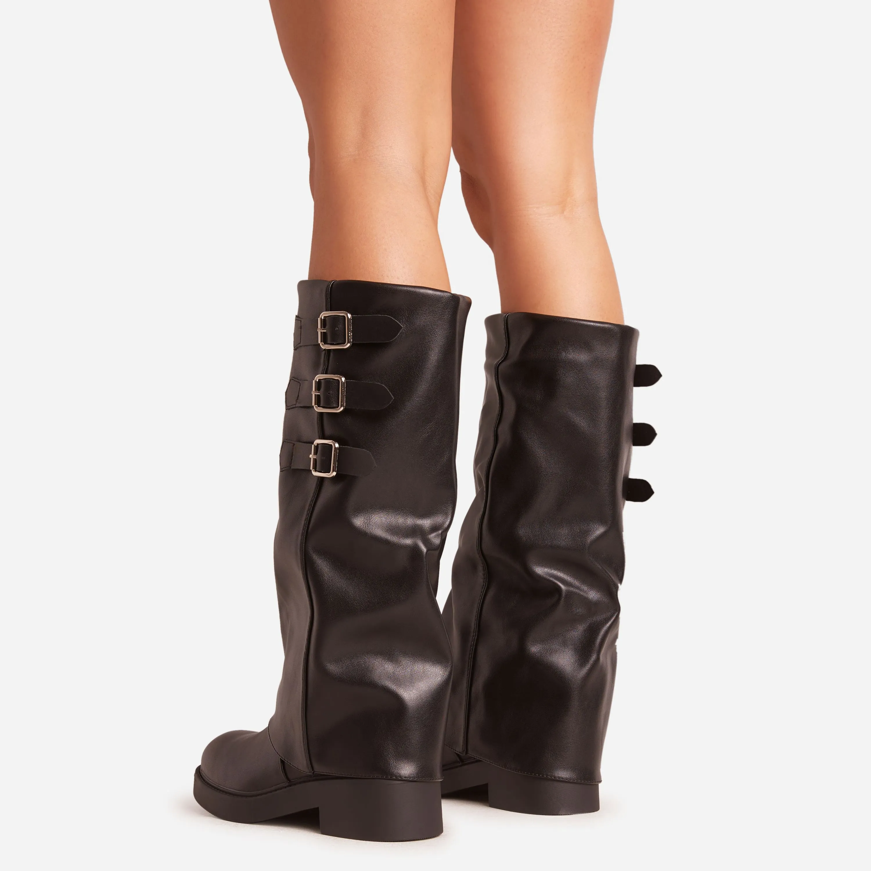 Kole Black Faux Leather Mid Calf Biker Boot Side Buckle Detail Chunky Sole