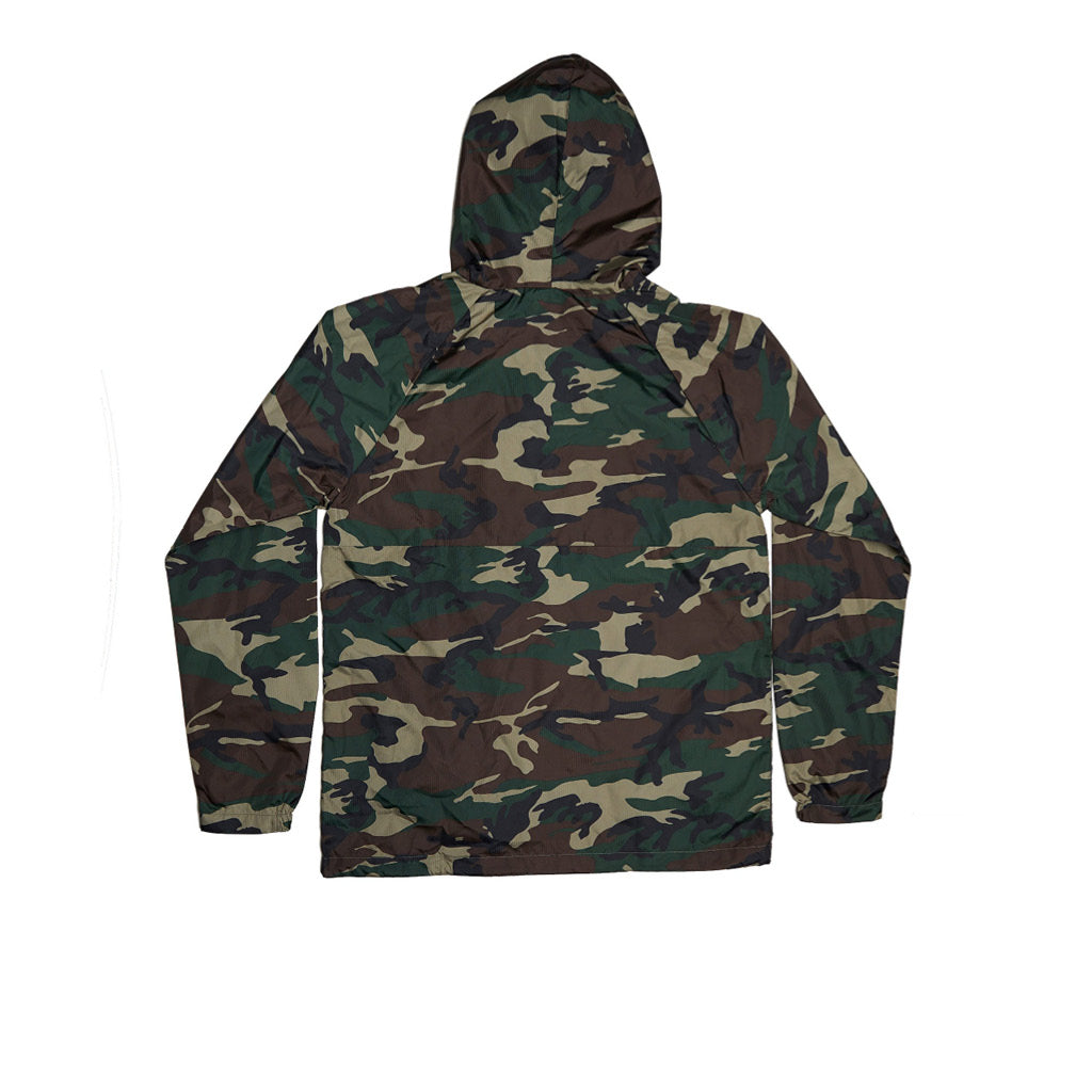 Lightweight camo windbreaker with a hood