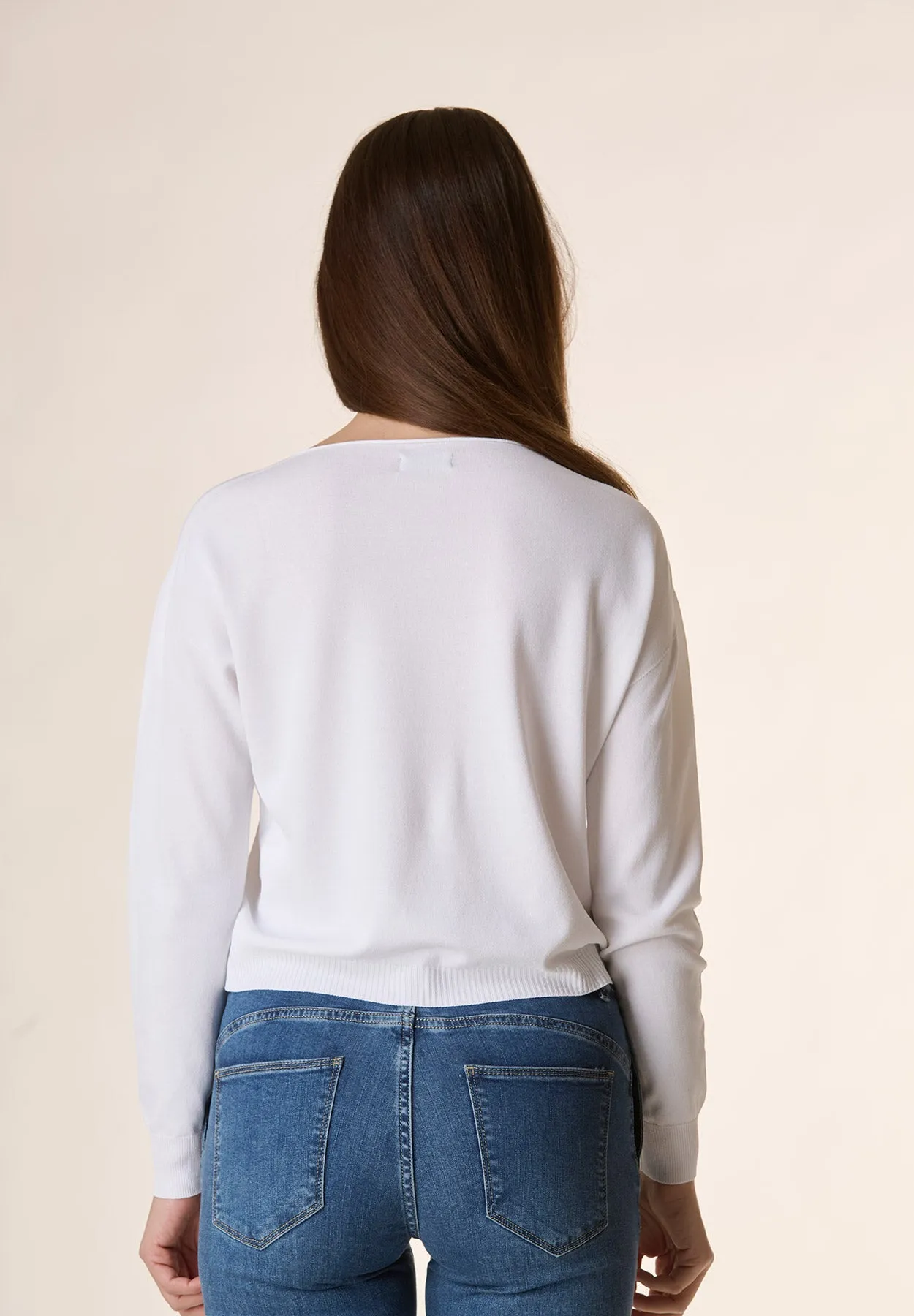 White Cropped Crew Neck Sweater