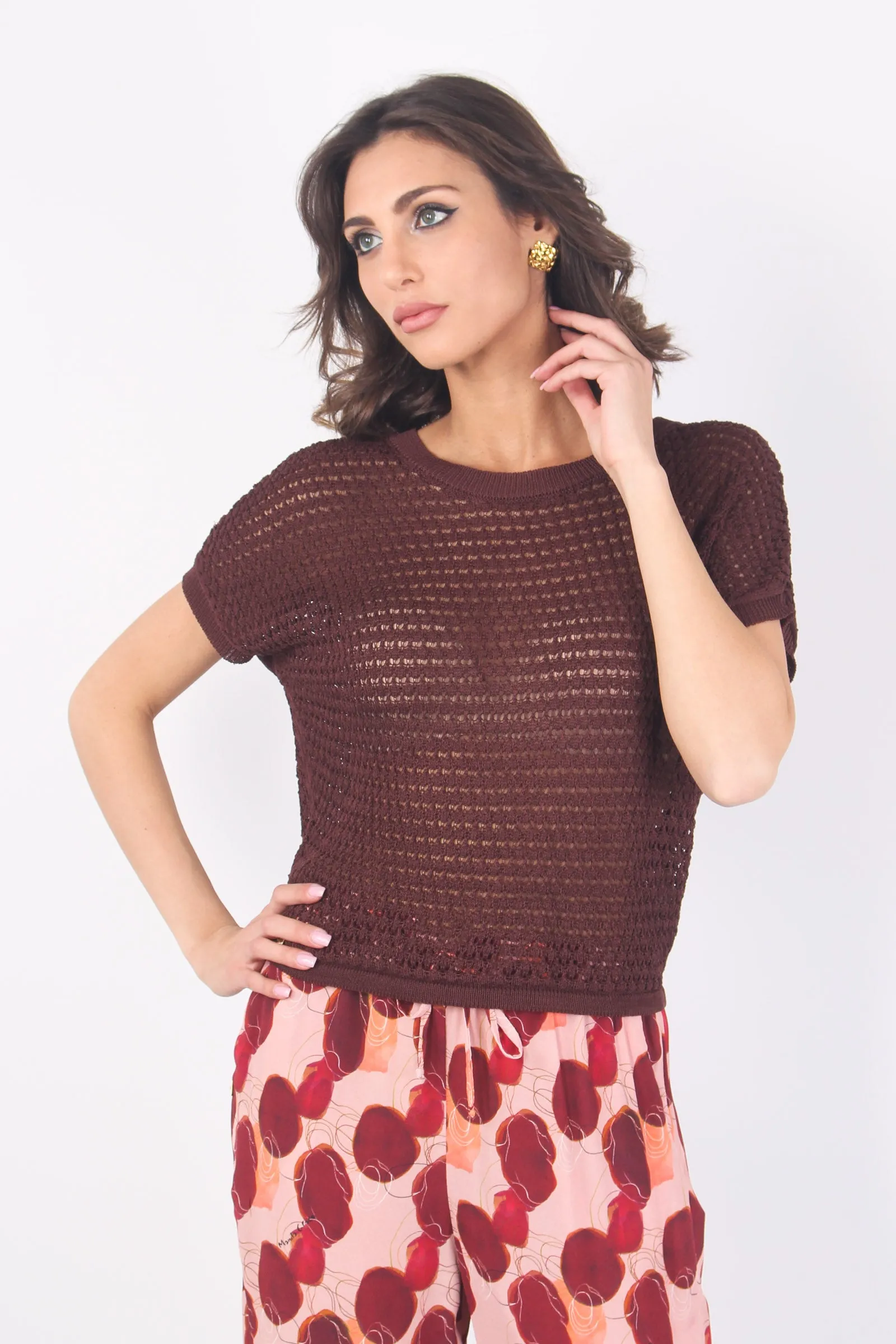 Chocolate Cropped Perforated Top