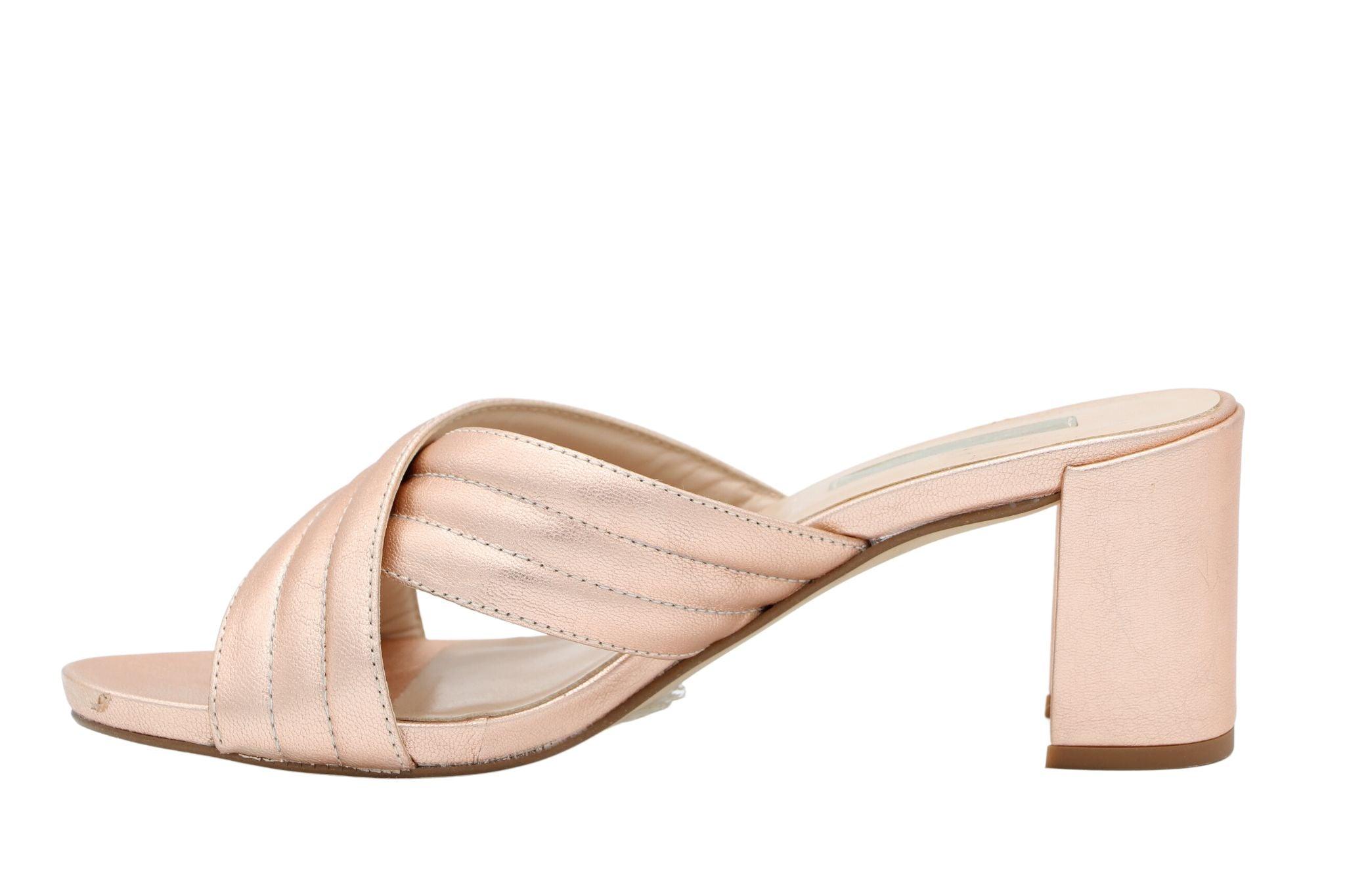 MARIAN rose gold leather criss cross mule, block heel.