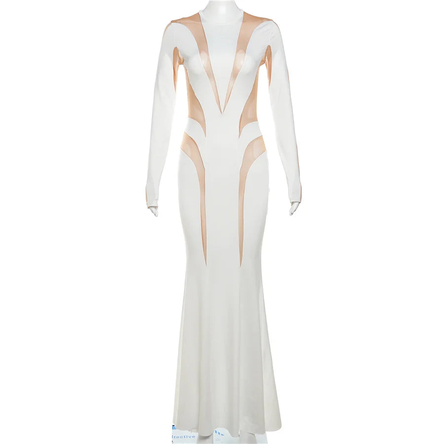 Maxi dress for women, white evening gown with long sleeves, floor-length slim-fit dress - Shop now!