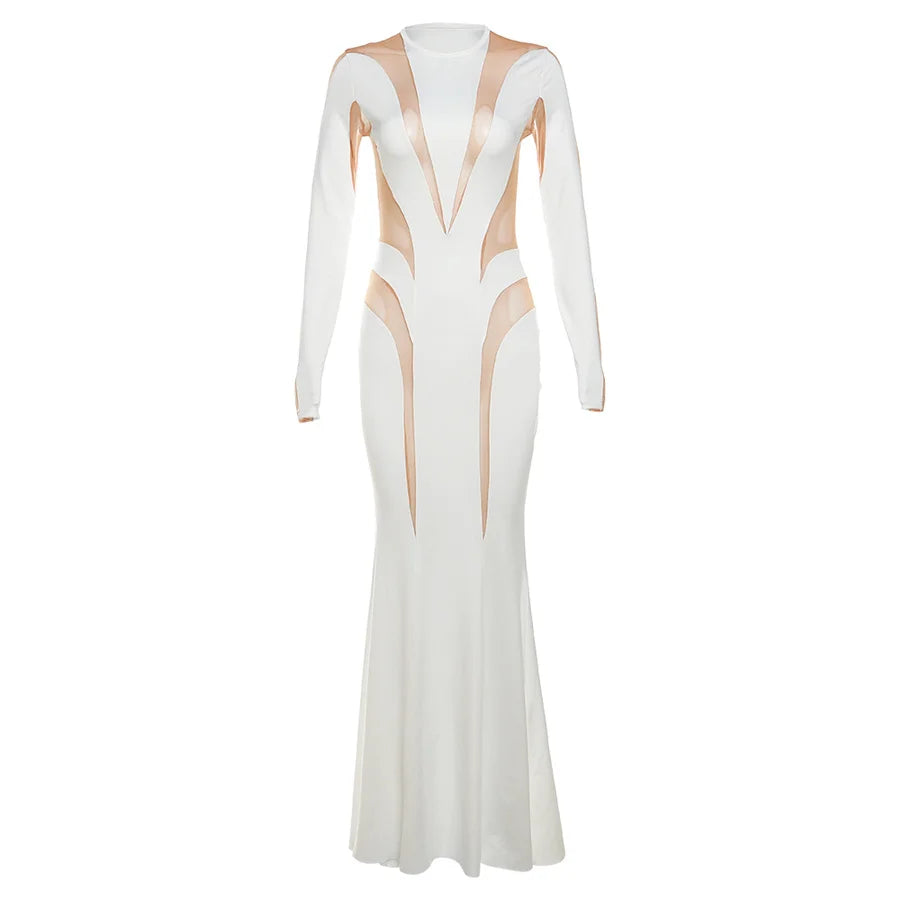 Maxi dress for women, white evening gown with long sleeves, floor-length slim-fit dress - Shop now!