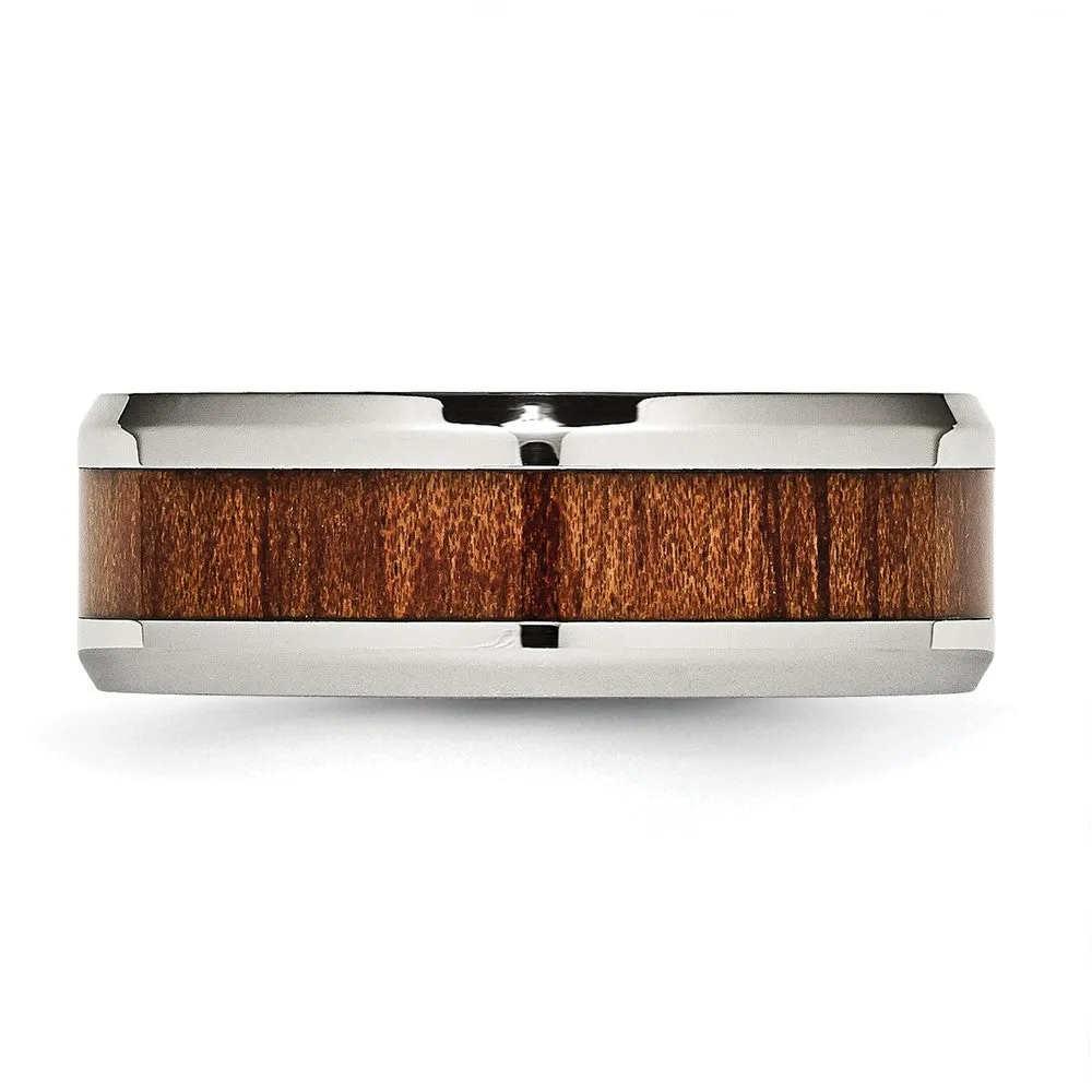 Men's 8mm Stainless Steel Red Orange Koa Wood Enamel Comfort Fit Band