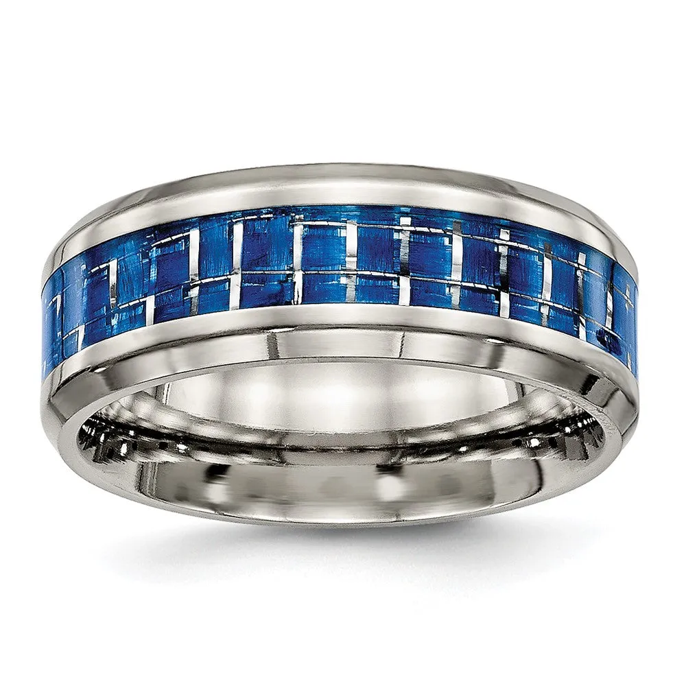 Men's 8mm Titanium Blue/White Carbon Fiber Beveled Comfort Fit Ring