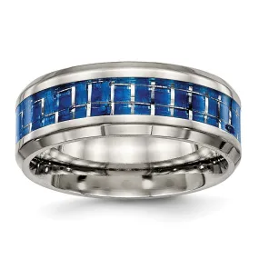 Men's 8mm Titanium Blue/White Carbon Fiber Beveled Comfort Fit Ring