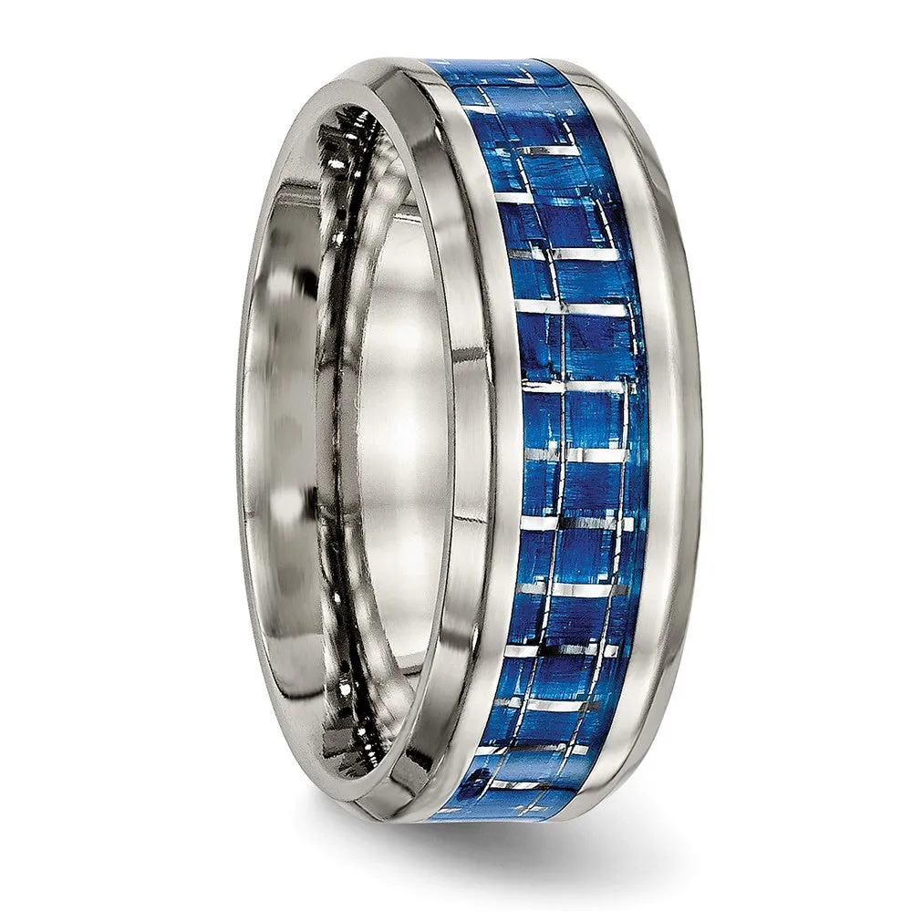 Men's 8mm Titanium Blue/White Carbon Fiber Beveled Comfort Fit Ring