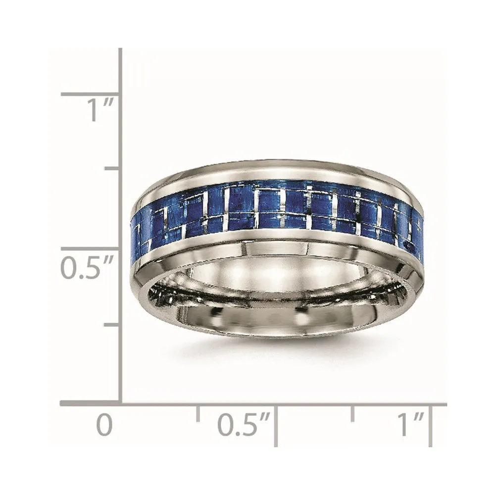 Men's 8mm Titanium Blue/White Carbon Fiber Beveled Comfort Fit Ring