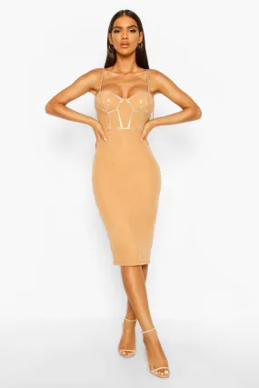 Mesh Corset Midi Dress with Pu Detail