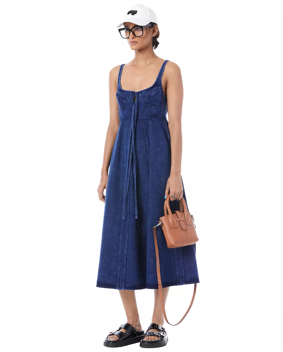 Midi Dress Blue with Tie-up Design