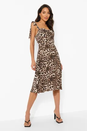 Midi Dress with Leopard Print Corset Accent