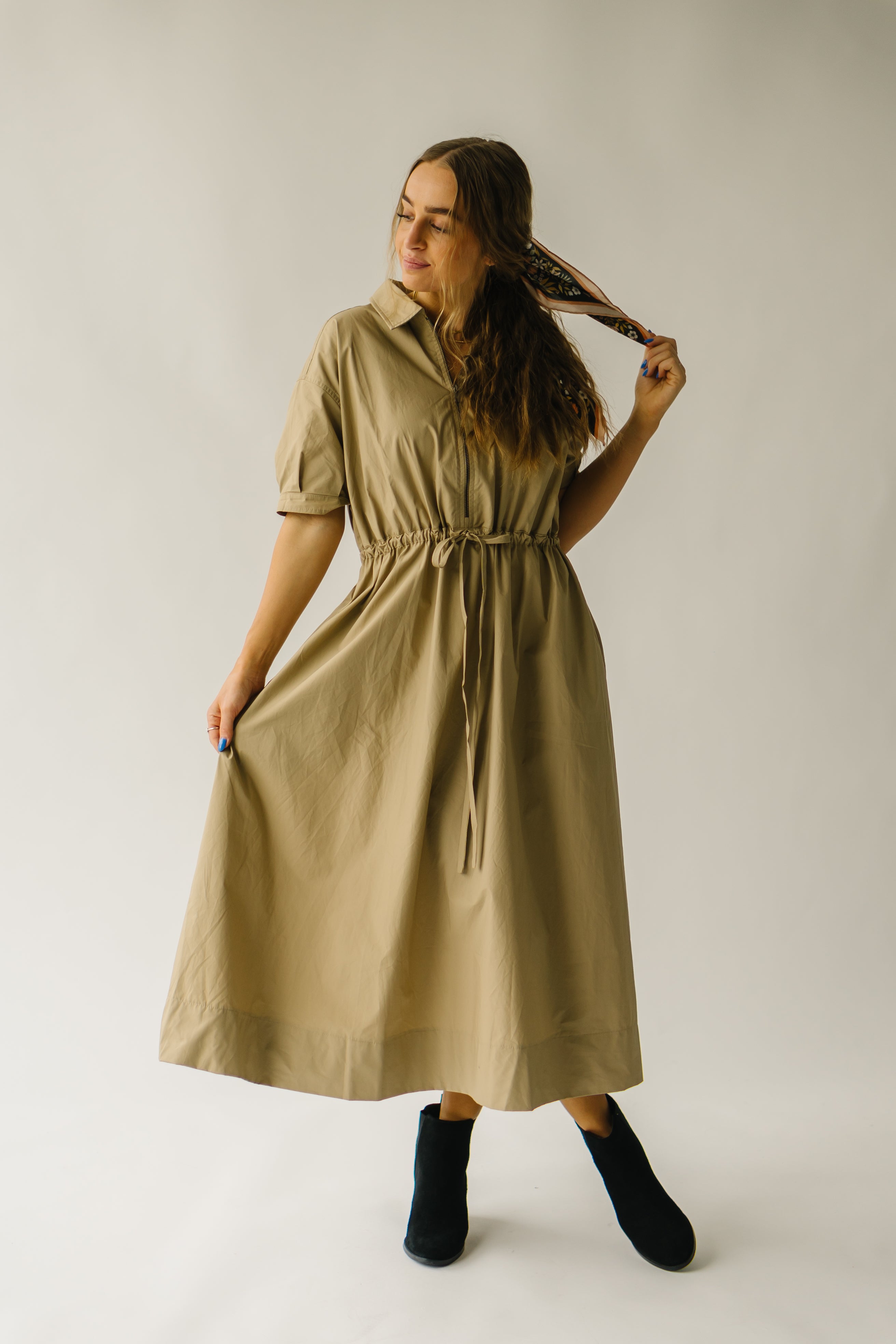 Minden Cinch Detail Midi Dress Khaki