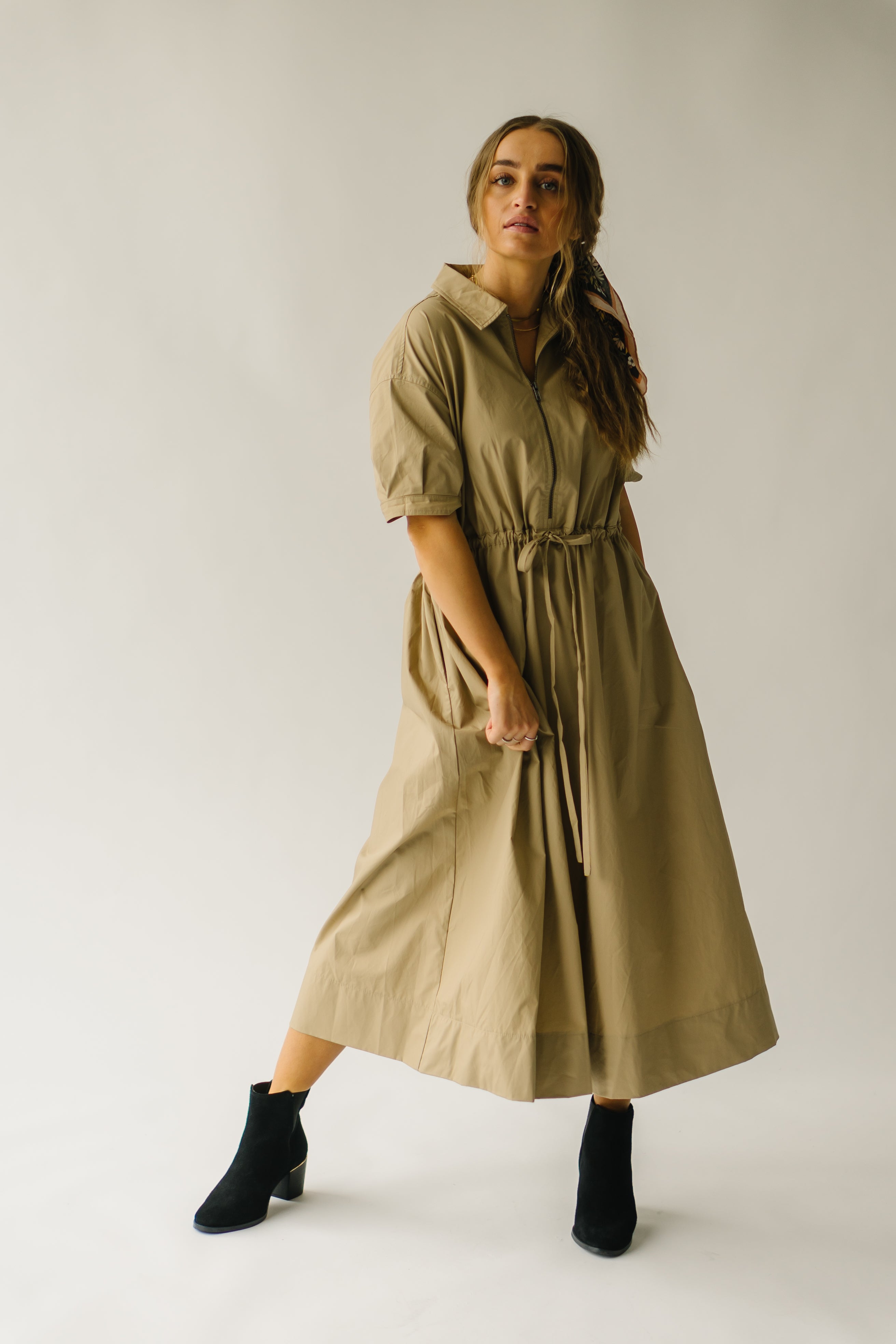 Minden Cinch Detail Midi Dress Khaki