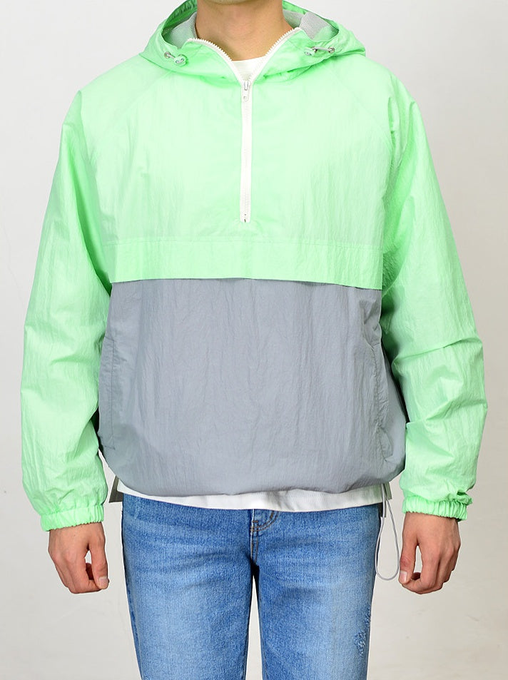 Mint Color Block Hooded Windbreaker Jackets Men Hiphop Streetwear.