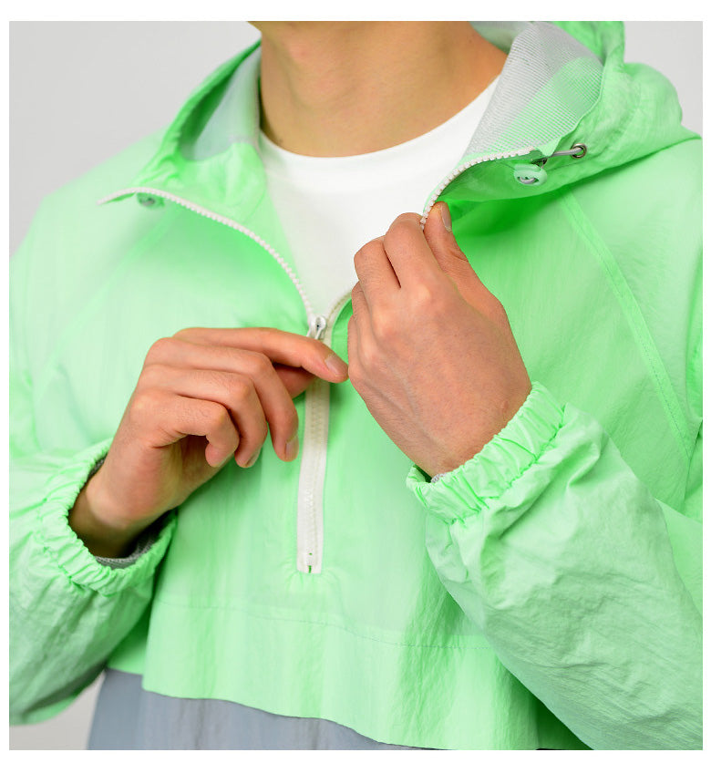 Mint Color Block Hooded Windbreaker Jackets Men Hiphop Streetwear.