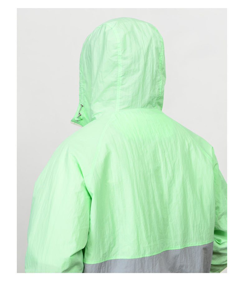 Mint Color Block Hooded Windbreaker Jackets Men Hiphop Streetwear.