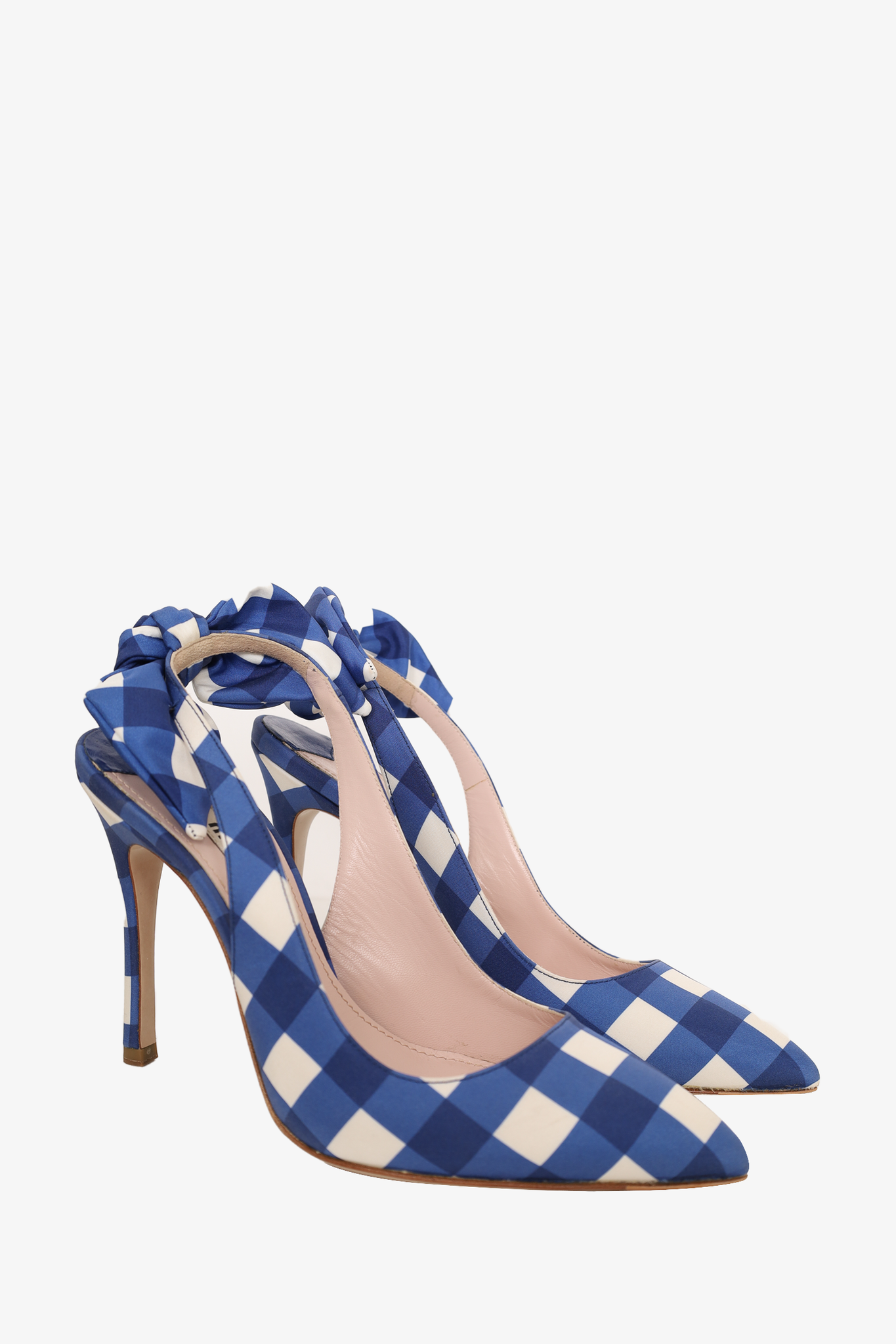 Miu Miu Blue and White Checkered Satin Bow Slingback Sandals - Size 36.5