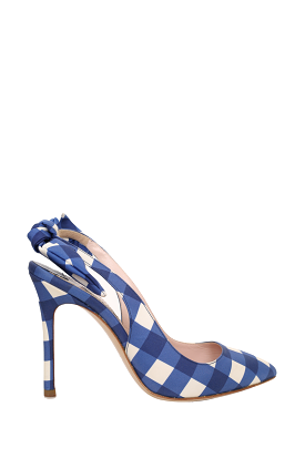 Miu Miu Blue and White Checkered Satin Bow Slingback Sandals - Size 36.5