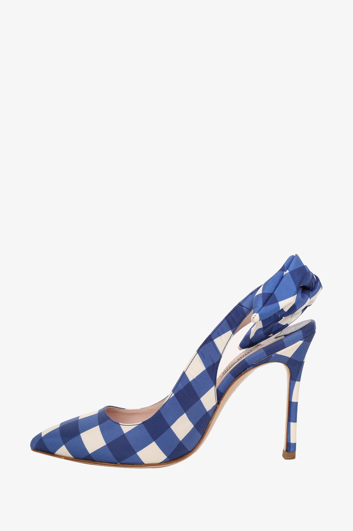 Miu Miu Blue and White Checkered Satin Bow Slingback Sandals - Size 36.5