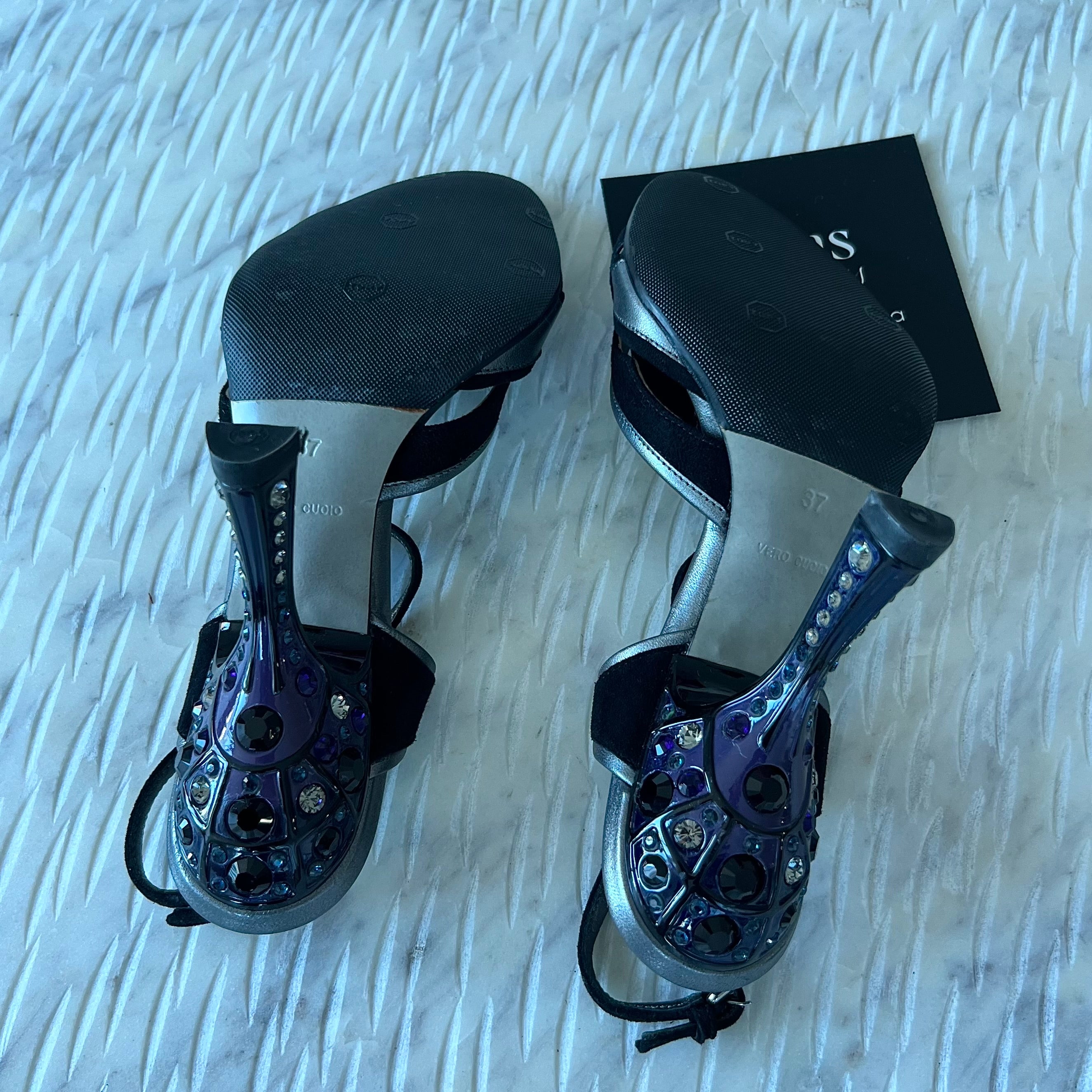 Miu Miu Crystal Embellished Black/Pewter/Purple Leather Suede Sandals.