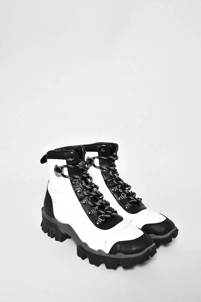 Moncler White Patent Black Leather Hiking Boots - Size 37.5.