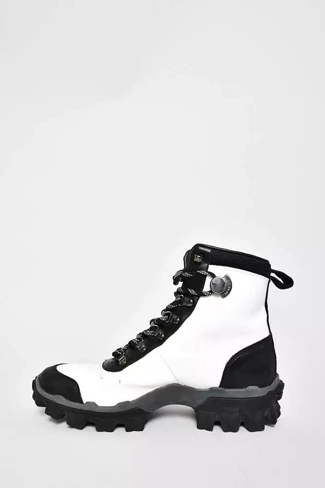 Moncler White Patent Black Leather Hiking Boots - Size 37.5.