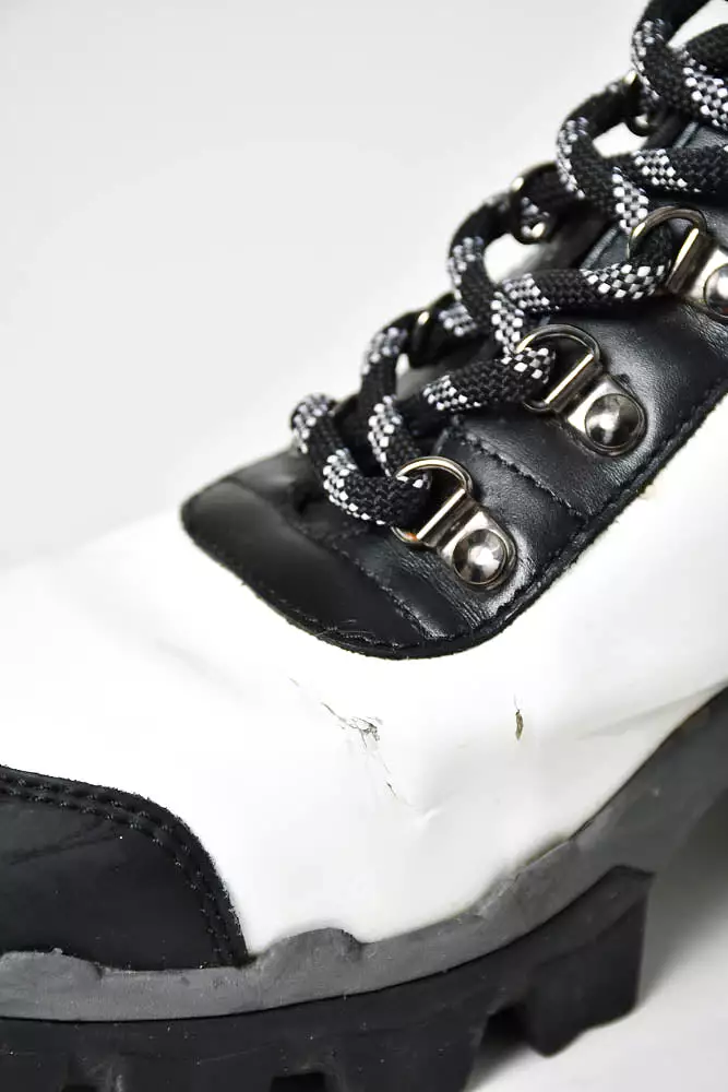 Moncler White Patent Black Leather Hiking Boots - Size 37.5.