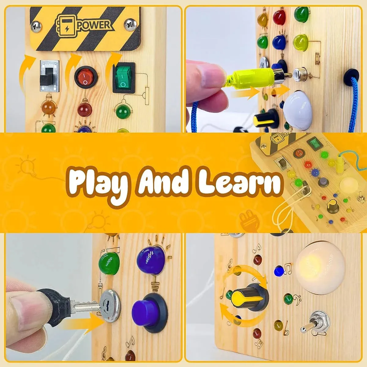 Montessori Sensory Busy Board with LED Light Switch | Travel Activity Games for Children Age 2-4