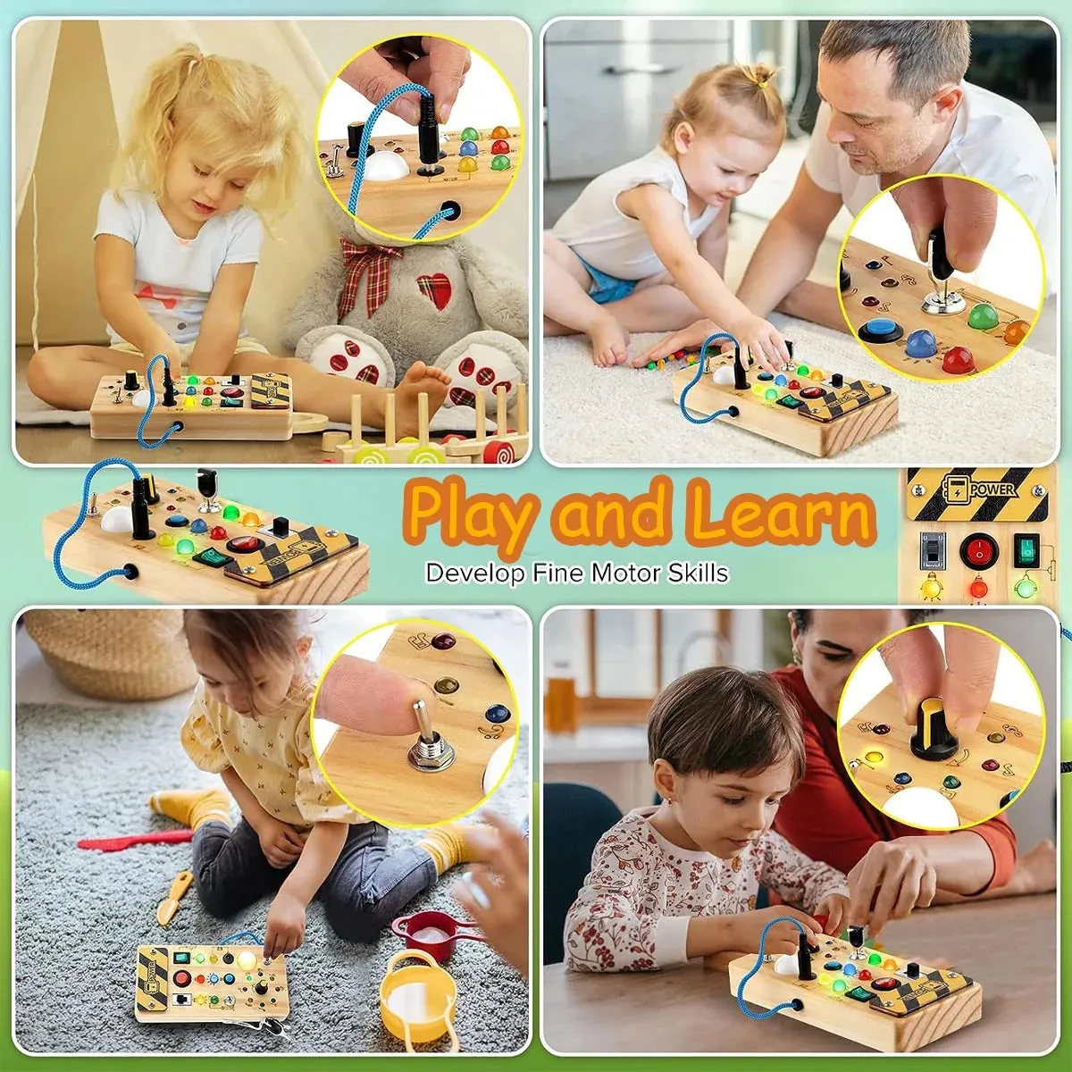 Montessori Sensory Busy Board with LED Light Switch | Travel Activity Games for Children Age 2-4