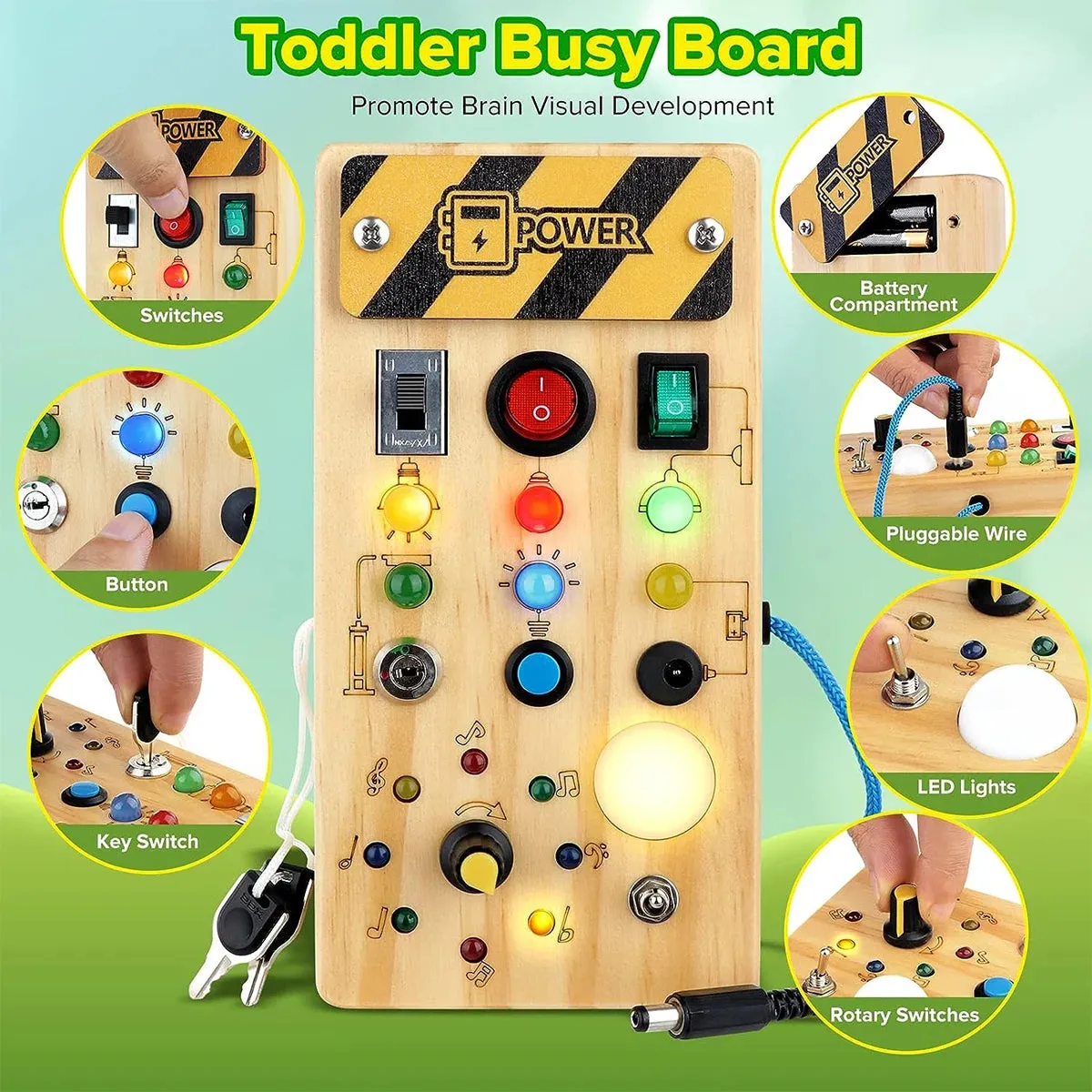 Montessori Sensory Busy Board with LED Light Switch | Travel Activity Games for Children Age 2-4