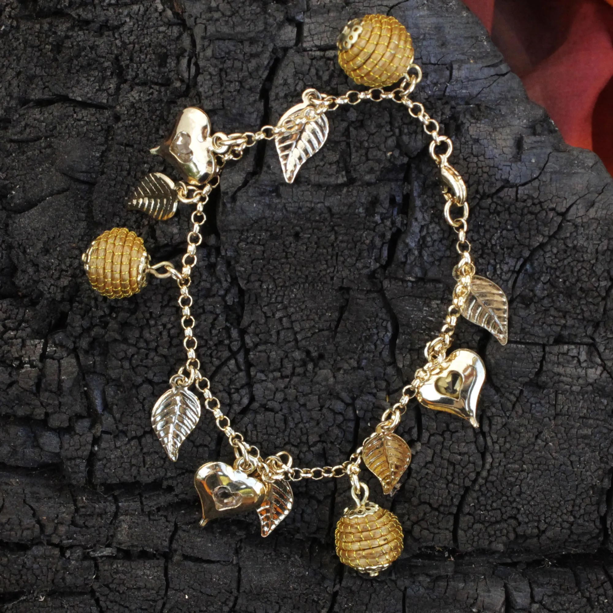 Natural Friend Gold Plated Brazilian Bracelet with Heart Leaf Beehive Charms